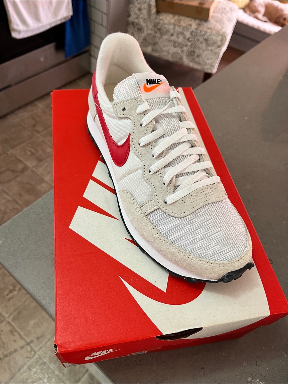 Nike White and Red Low-Top Mesh & Suede Runner